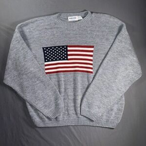 Vintage New Era Sweater Mens XL Gray American Flag Acrylic USA Patriotic 90s